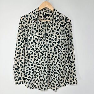 Ann Taylor Blouse Womens Medium Cream Green Heart Print Long Sleeve Button Down